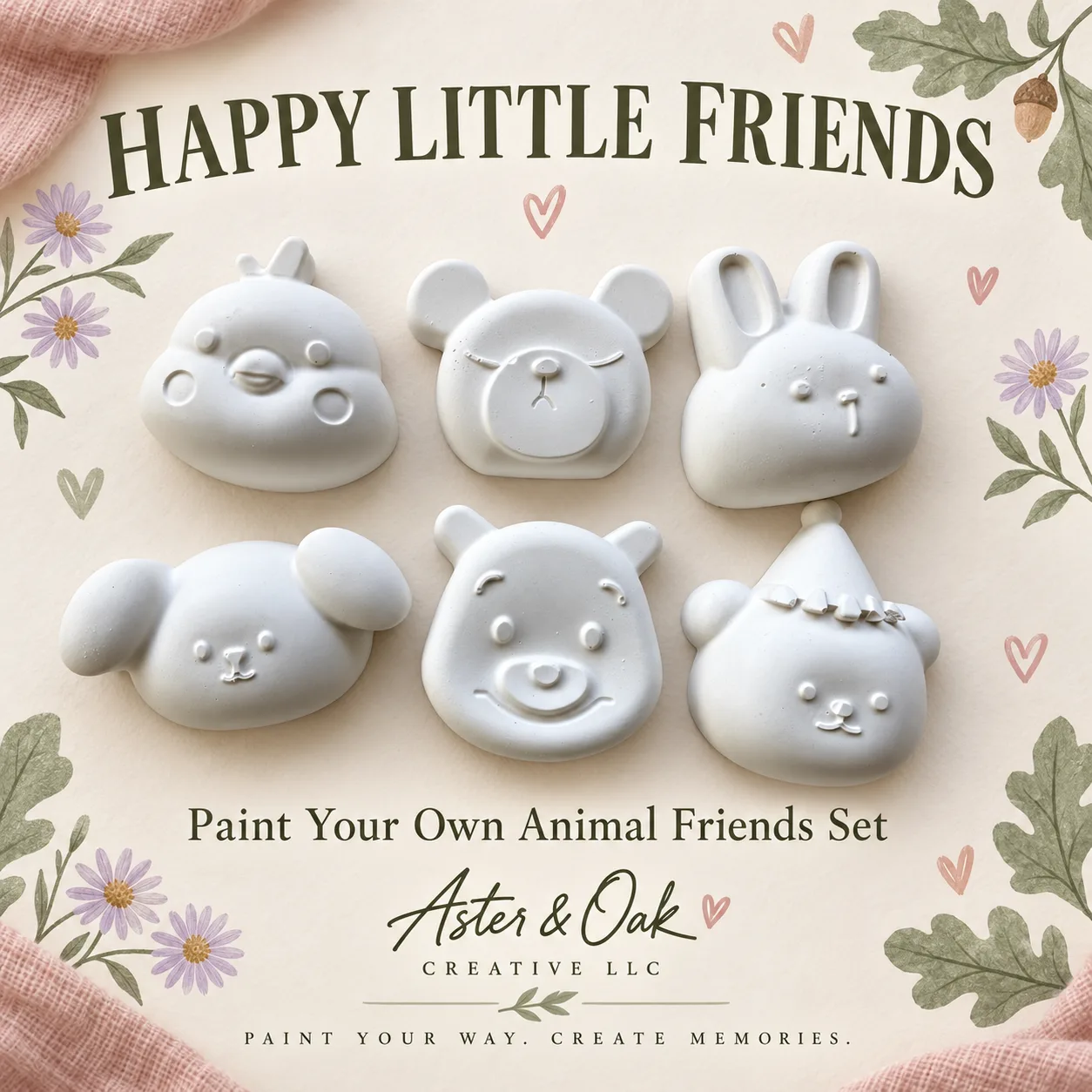 Six unpainted animal-face plaster figures