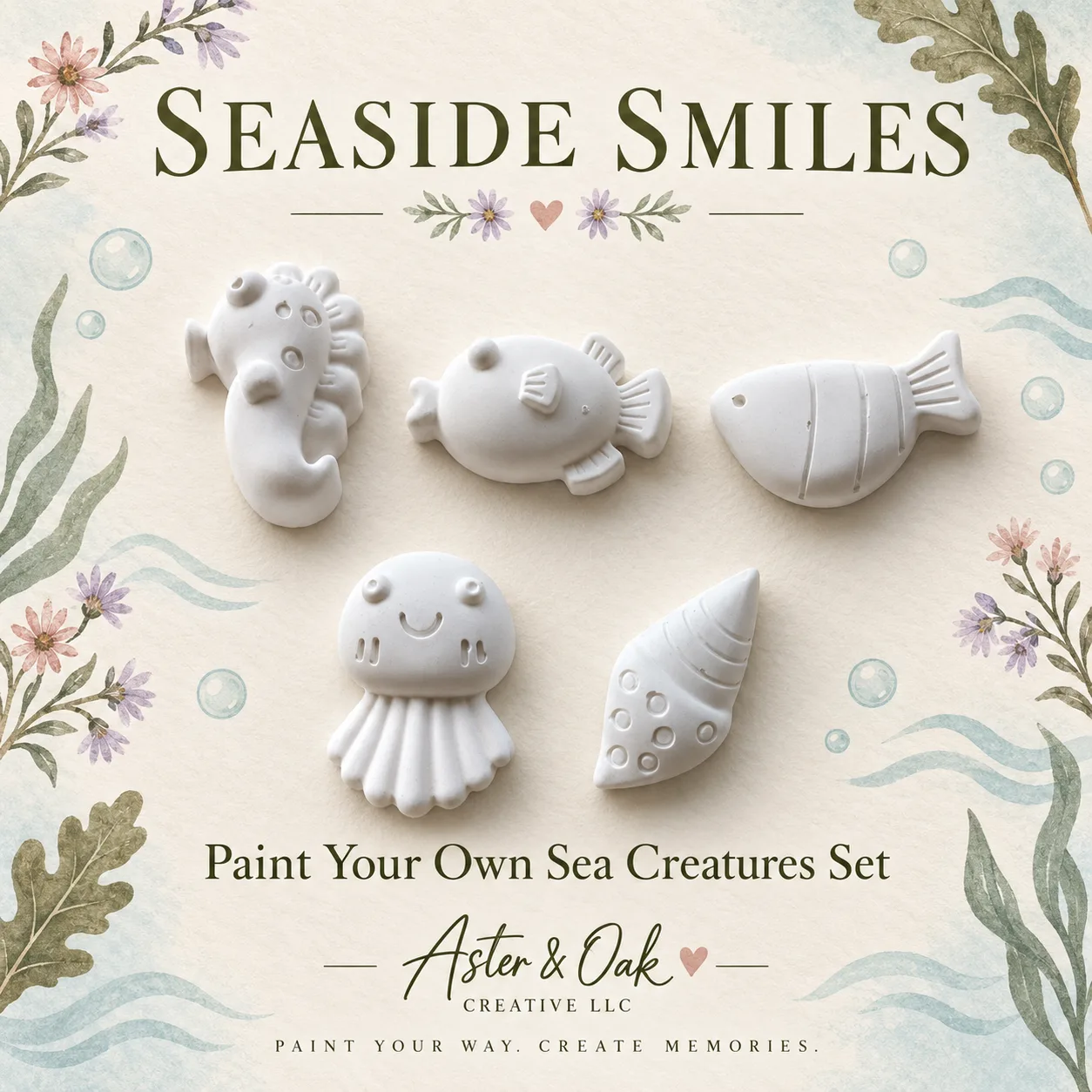 Five unpainted sea-creature plaster figures