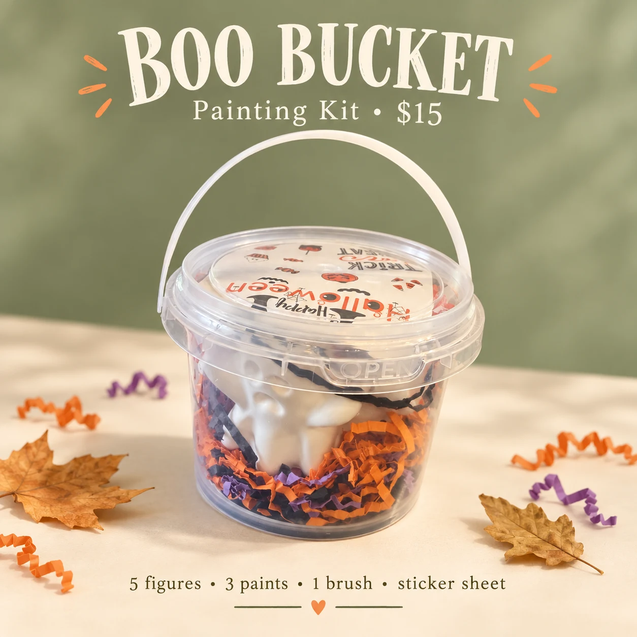 Boo Bucket painting kit packaged with Halloween filler and figures