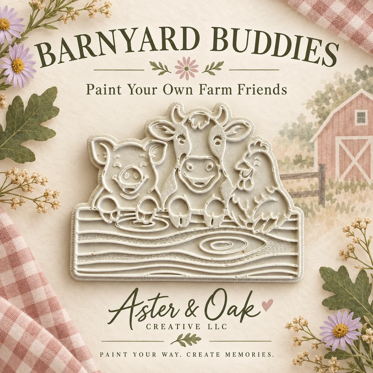 Unpainted farm-scene plaster keepsake with a pig, cow, and chicken