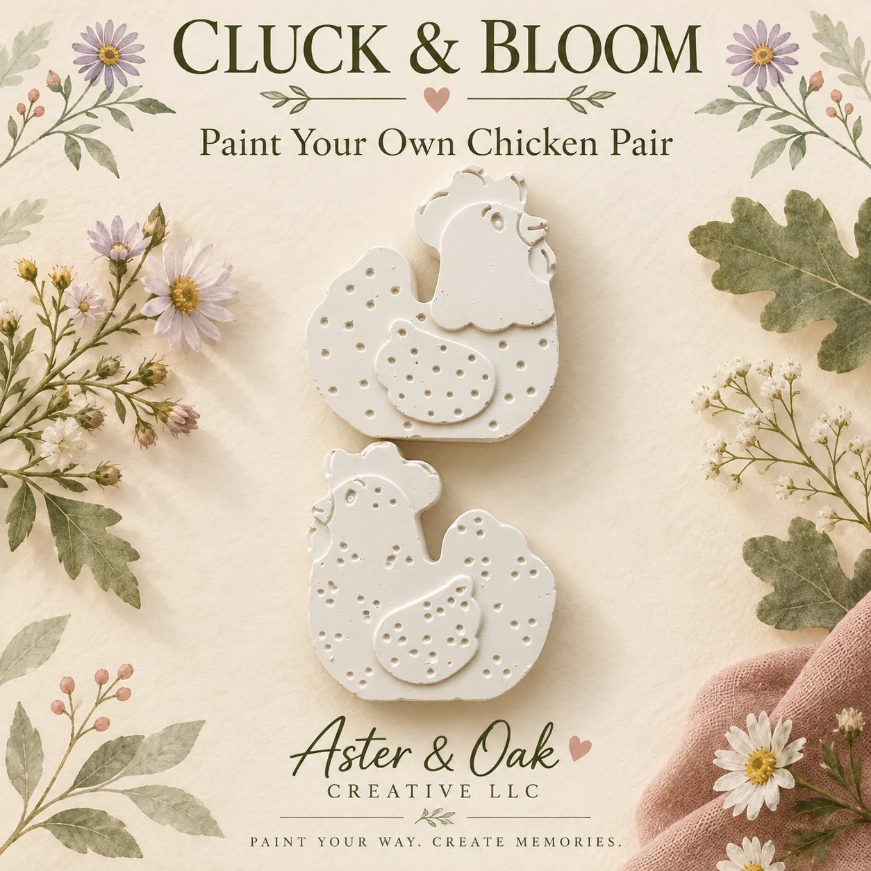 Two unpainted chicken-shaped plaster figures