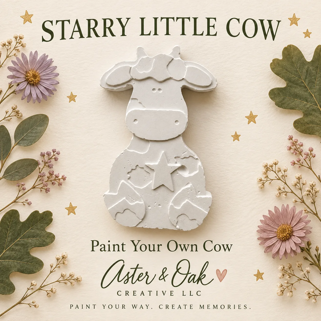 Unpainted cow plaster figure with a raised star and patchwork details