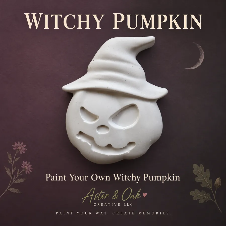 Unpainted pumpkin wearing a witch hat plaster figure