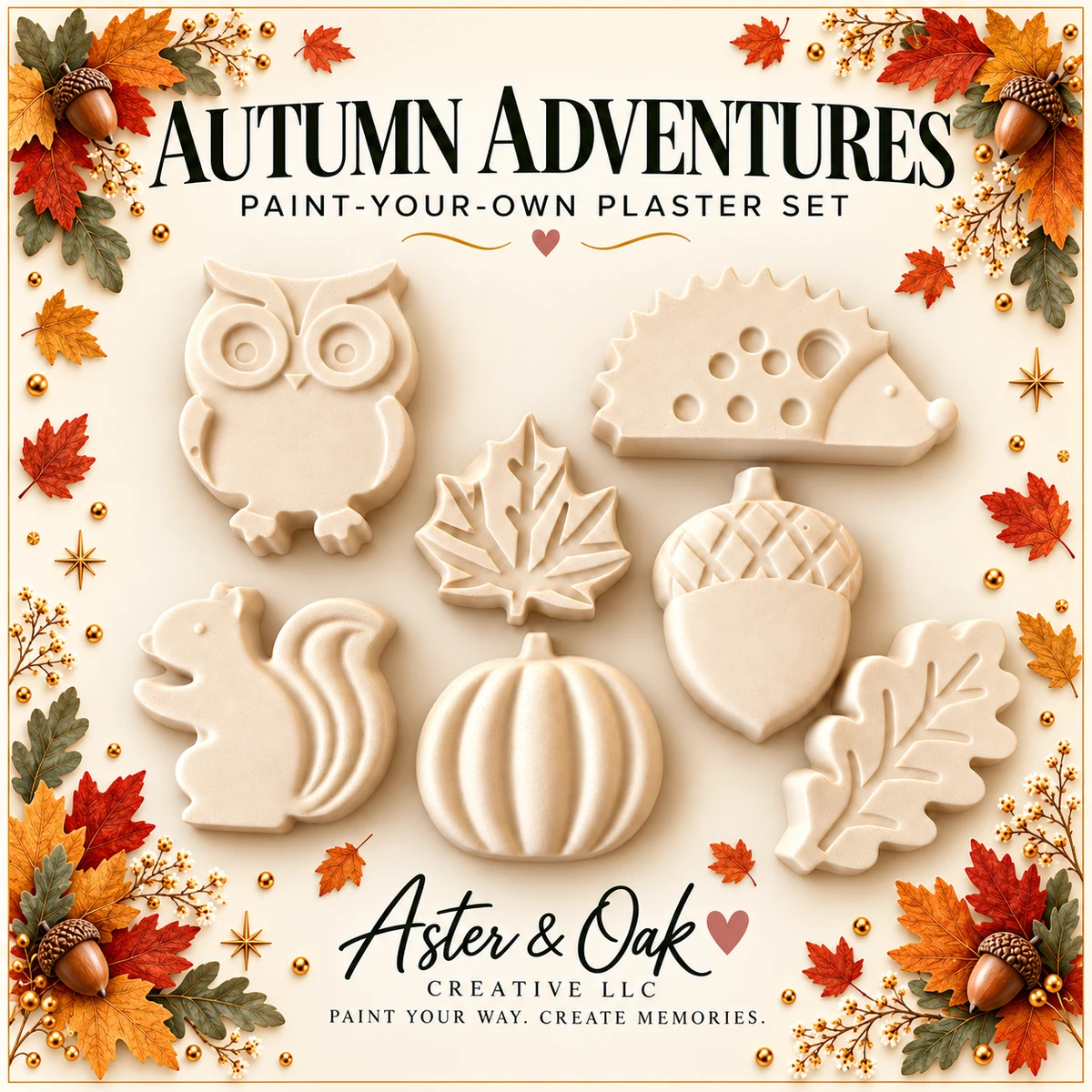 Seven unpainted autumn plaster figures including an owl, hedgehog, leaves, acorn, squirrel, and pumpkin