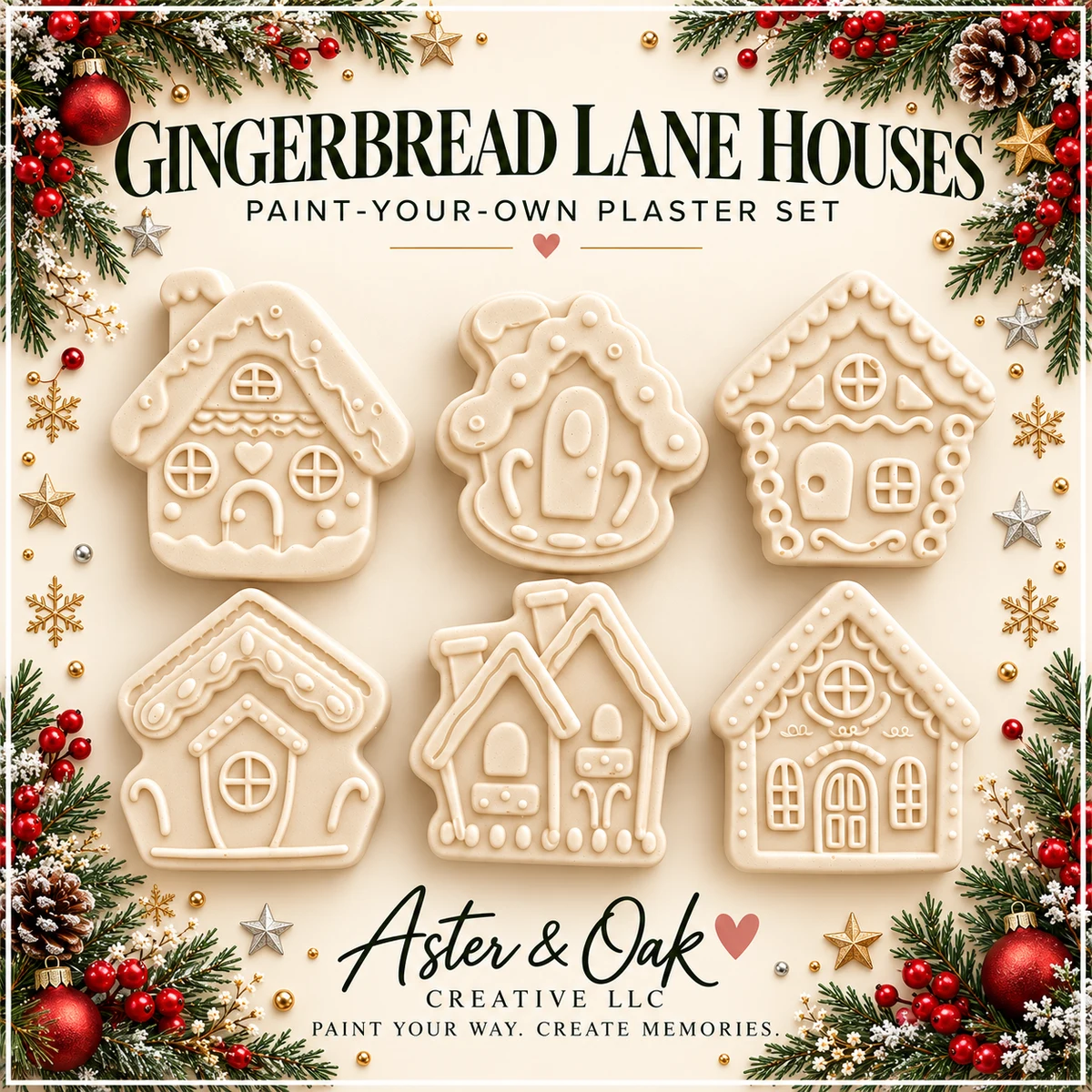 Six unpainted gingerbread house plaster figures with assorted architectural details