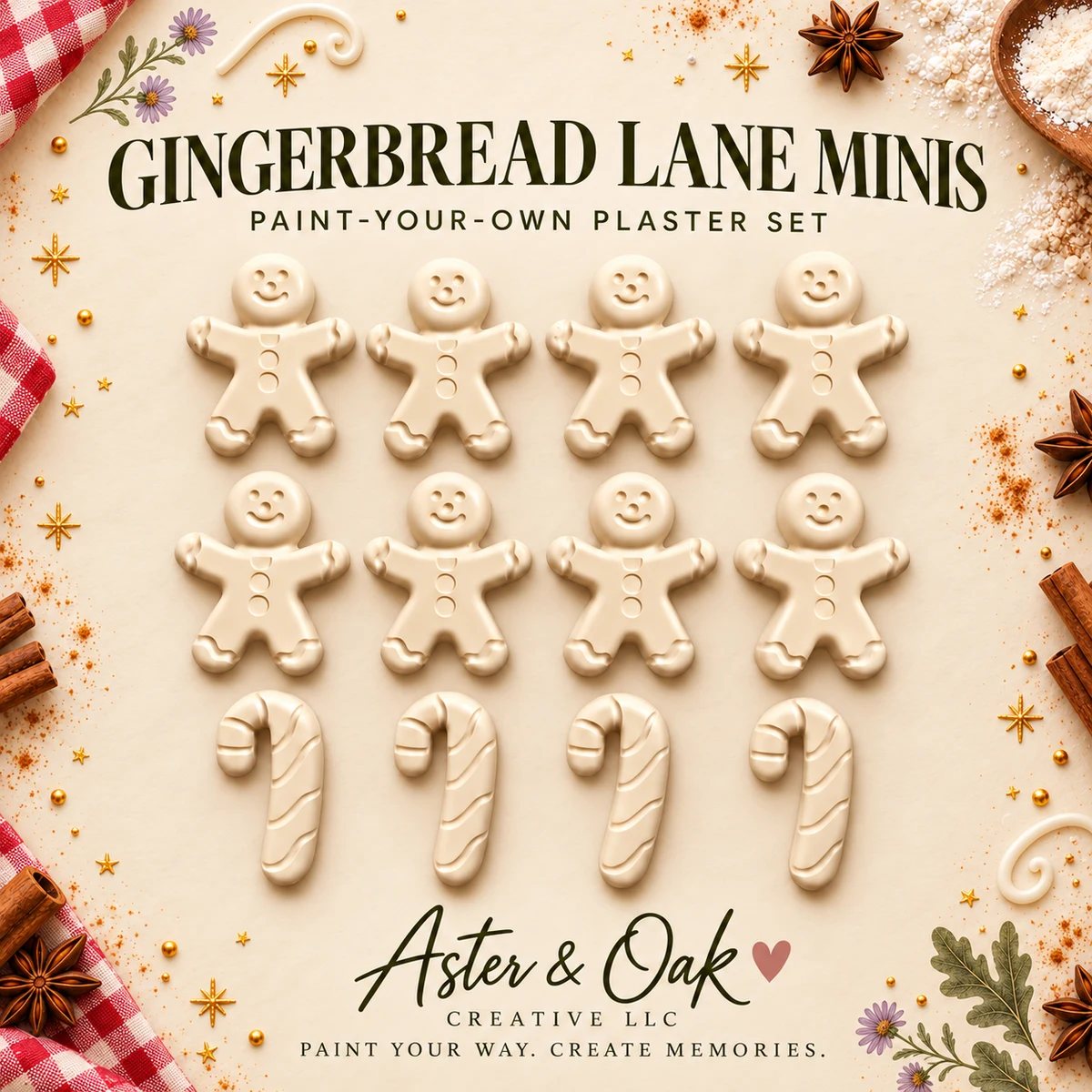 Eight unpainted gingerbread figures and four candy cane plaster figures