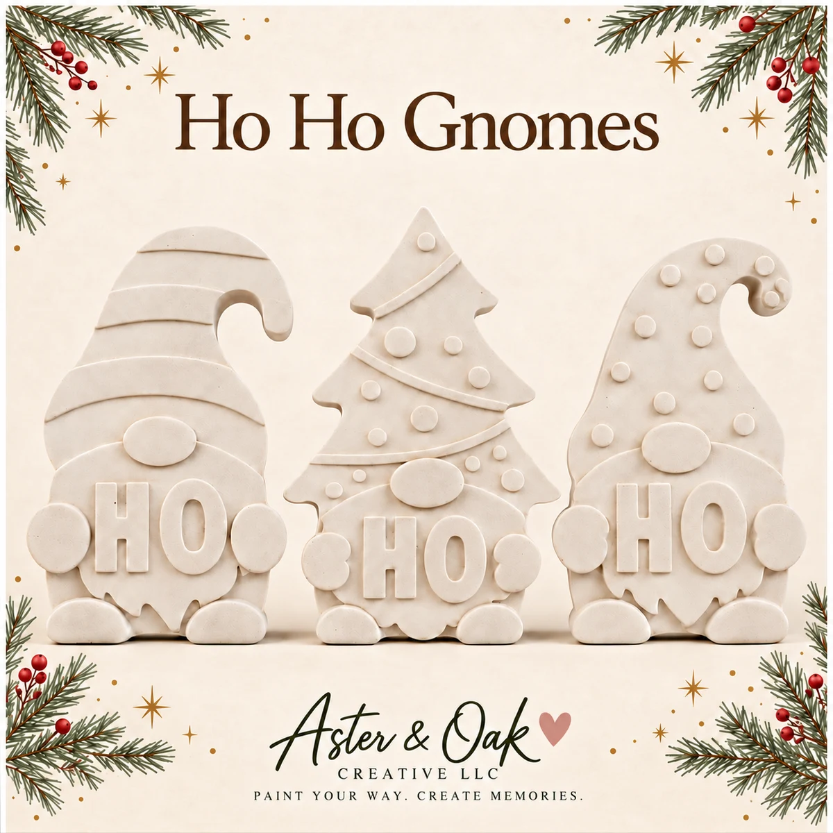 Three unpainted holiday gnome plaster figures with raised HO lettering