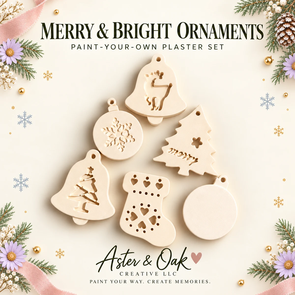 Six unpainted plaster Christmas ornaments in assorted shapes