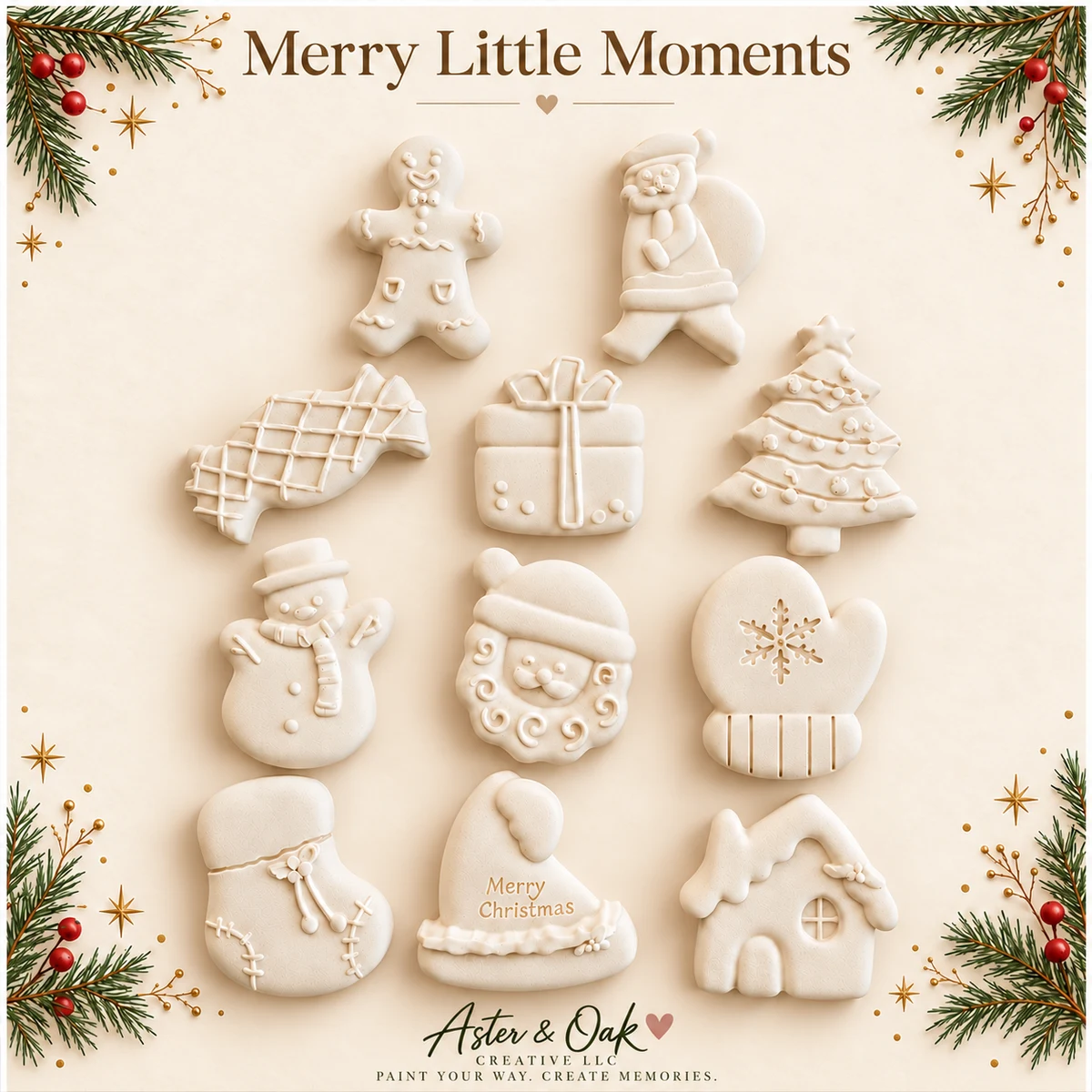 Eleven unpainted holiday plaster figures in assorted festive designs