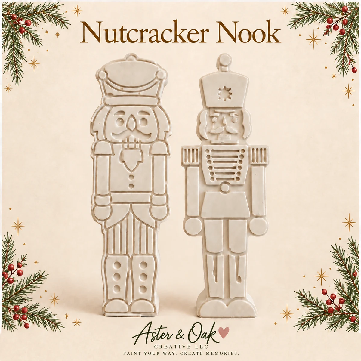 Two unpainted nutcracker plaster figures in different designs