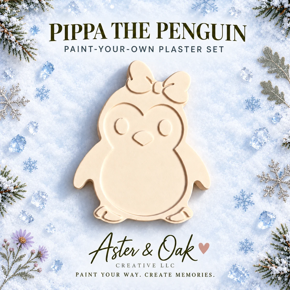 Unpainted penguin plaster figure wearing a bow