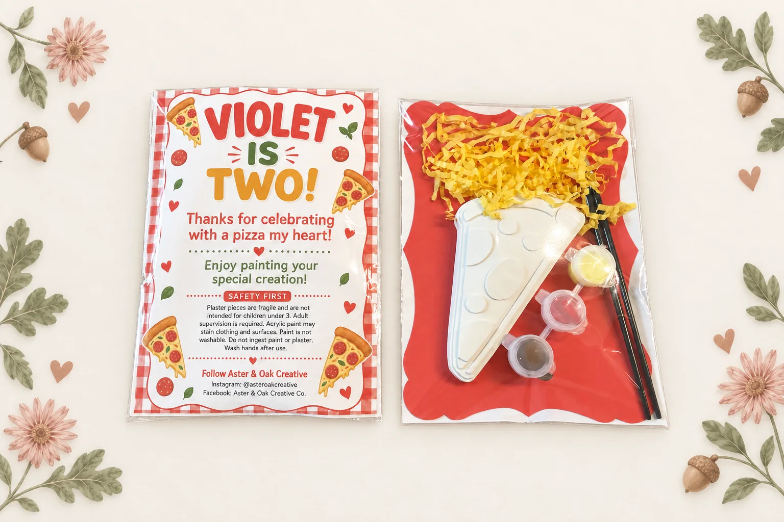 Pizza-themed paint-your-own party favor with a plaster figure, paints, brushes, and personalized birthday insert