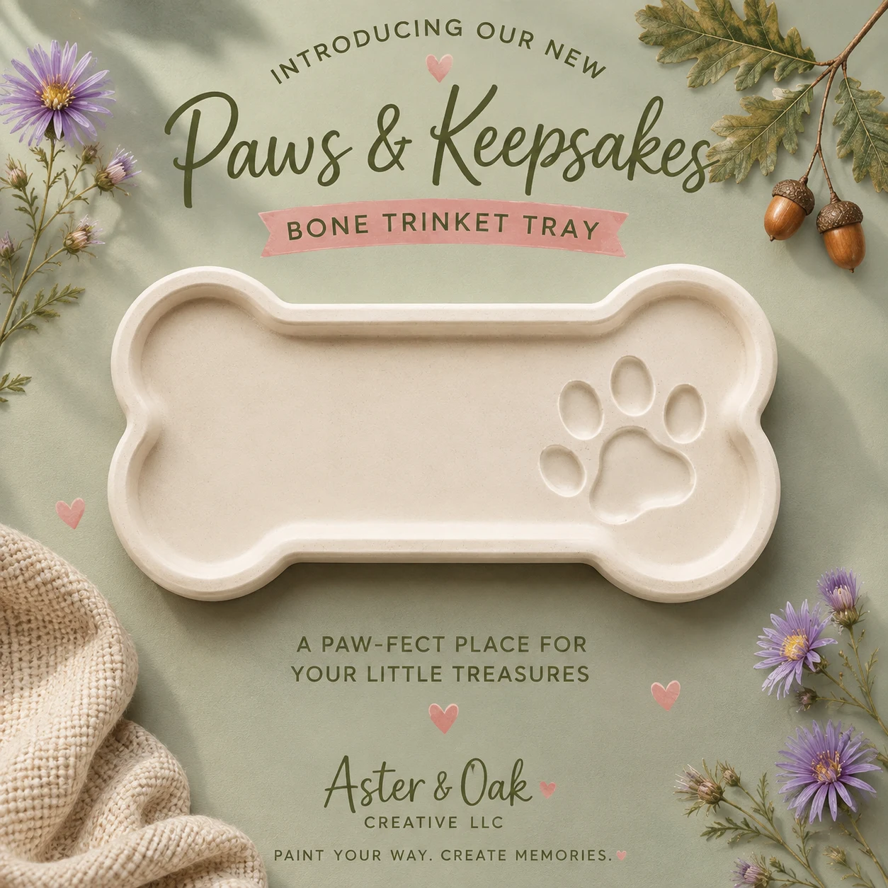 Unpainted bone-shaped trinket tray with a paw-print detail