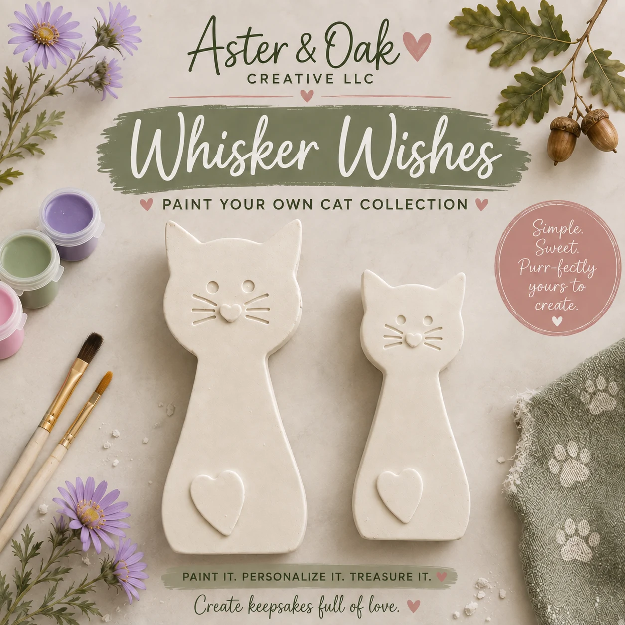 Two unpainted cat-shaped keepsakes in different sizes