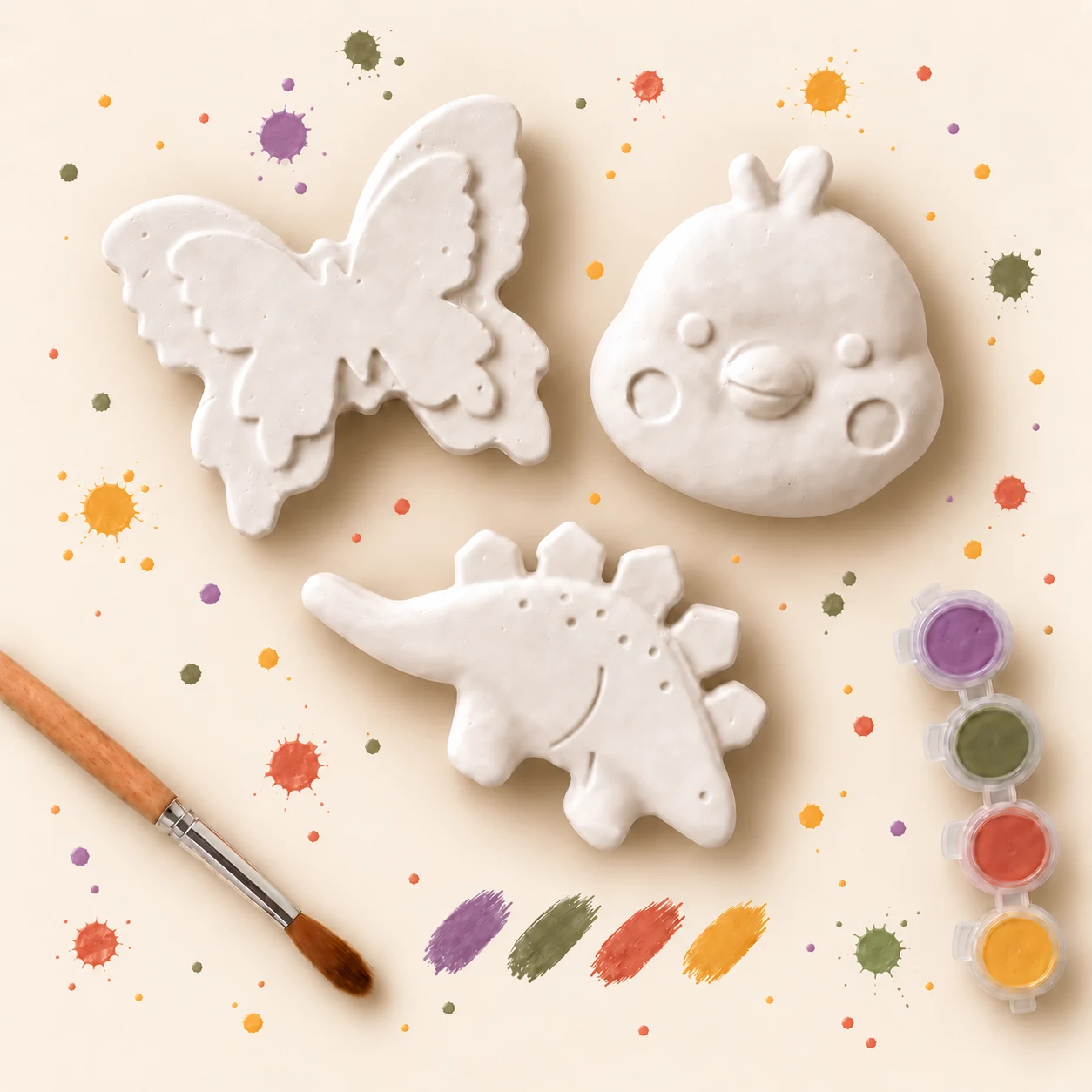Three unpainted plaster figures with a paintbrush and colorful paints