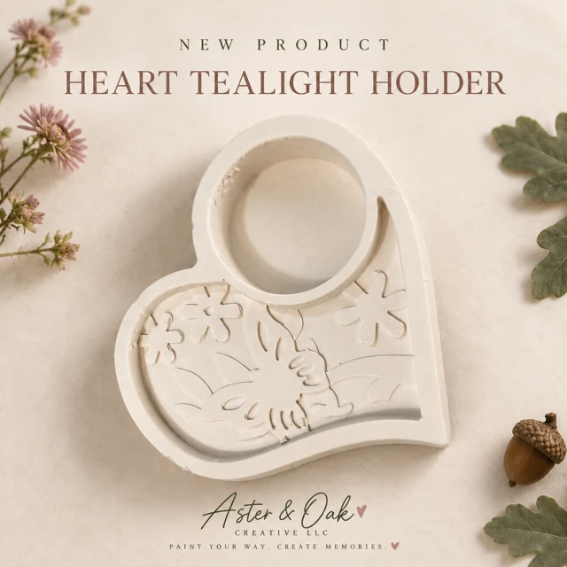 Unpainted heart-shaped tea light holder with an engraved design